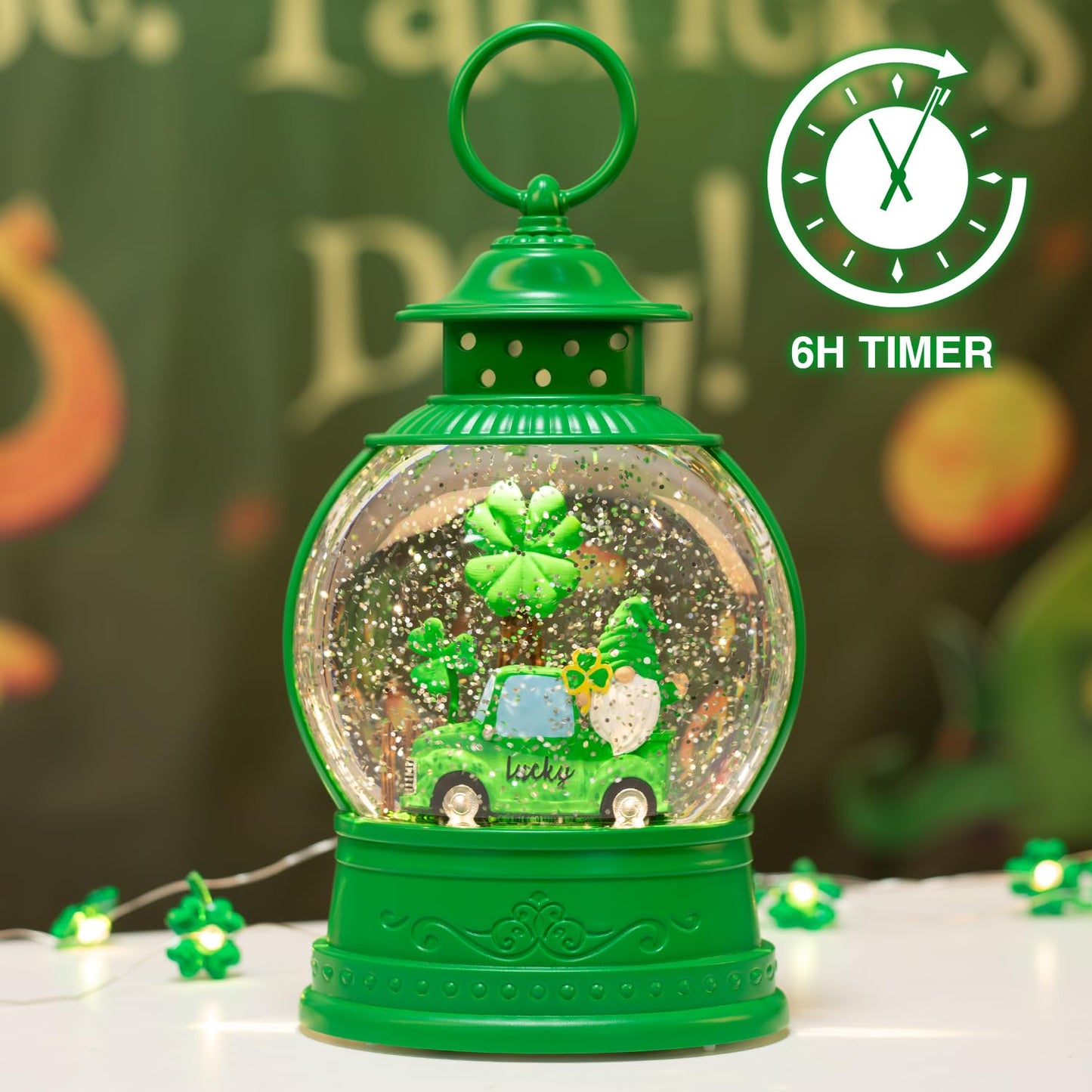 PestiLite St Patricks Day Lucky Shamrock Gnomes Truck Snow Globe for St Patricks Day Decorations,6H Timer, USB/Battery Operated,St Patricks Day Decor for Home Indoor/Outdoor and Home Party Supplies