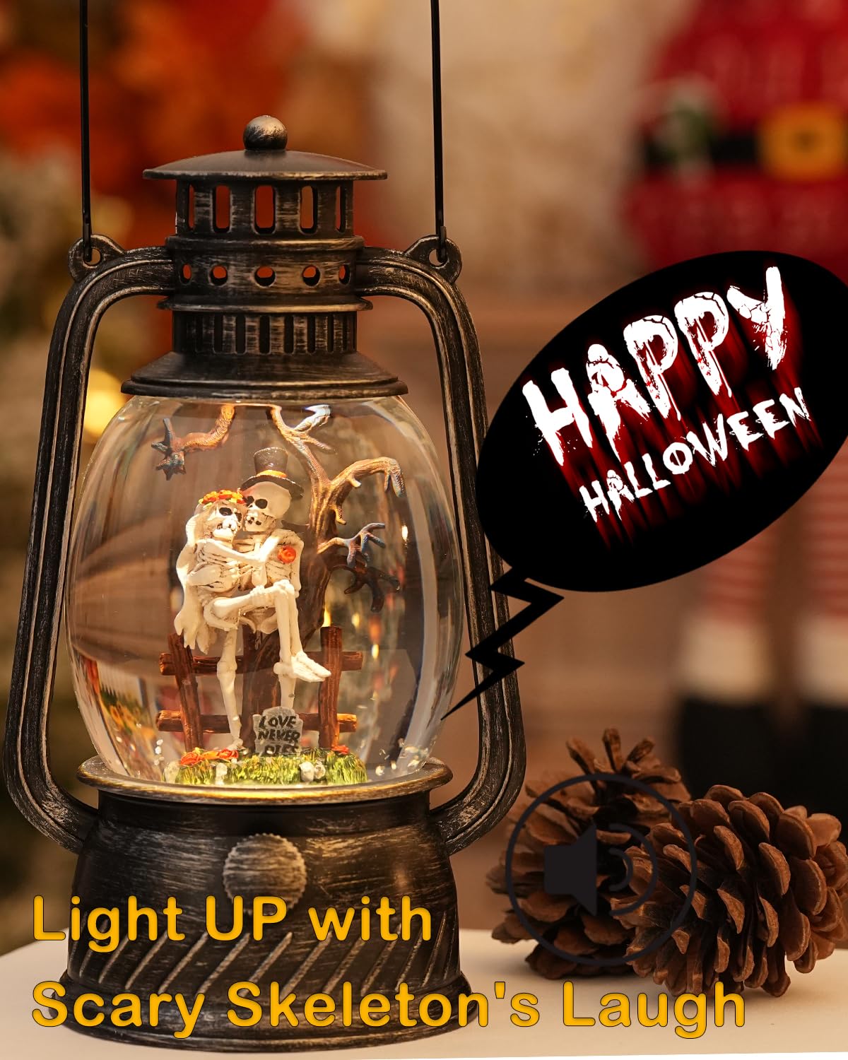 Halloween Snow Globe, Halloween Decorations Indoor Light Up Snow Globe Lantern with Music, 6H Timer, Love Never Dies Swirling Glitter Halloween Lantern for Halloween Home Decorations