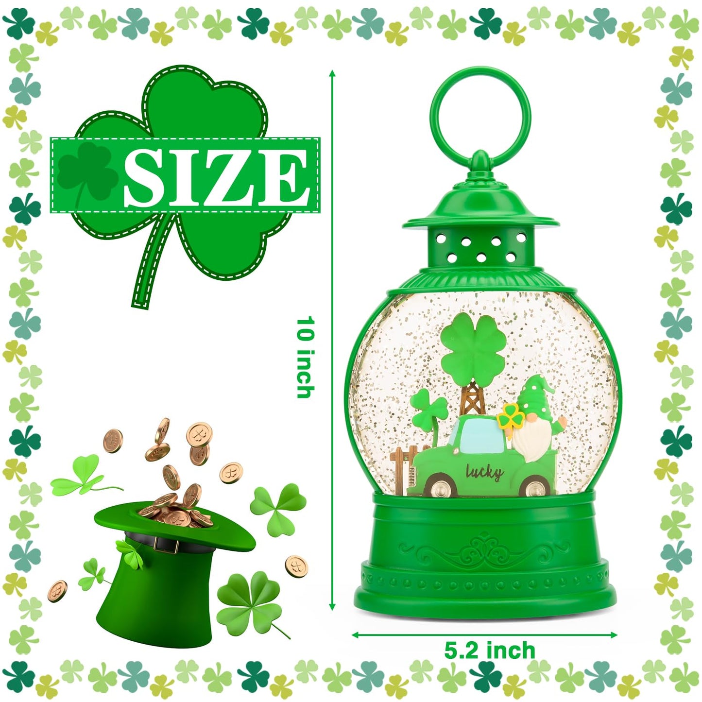 PestiLite St Patricks Day Lucky Shamrock Gnomes Truck Snow Globe for St Patricks Day Decorations,6H Timer, USB/Battery Operated,St Patricks Day Decor for Home Indoor/Outdoor and Home Party Supplies