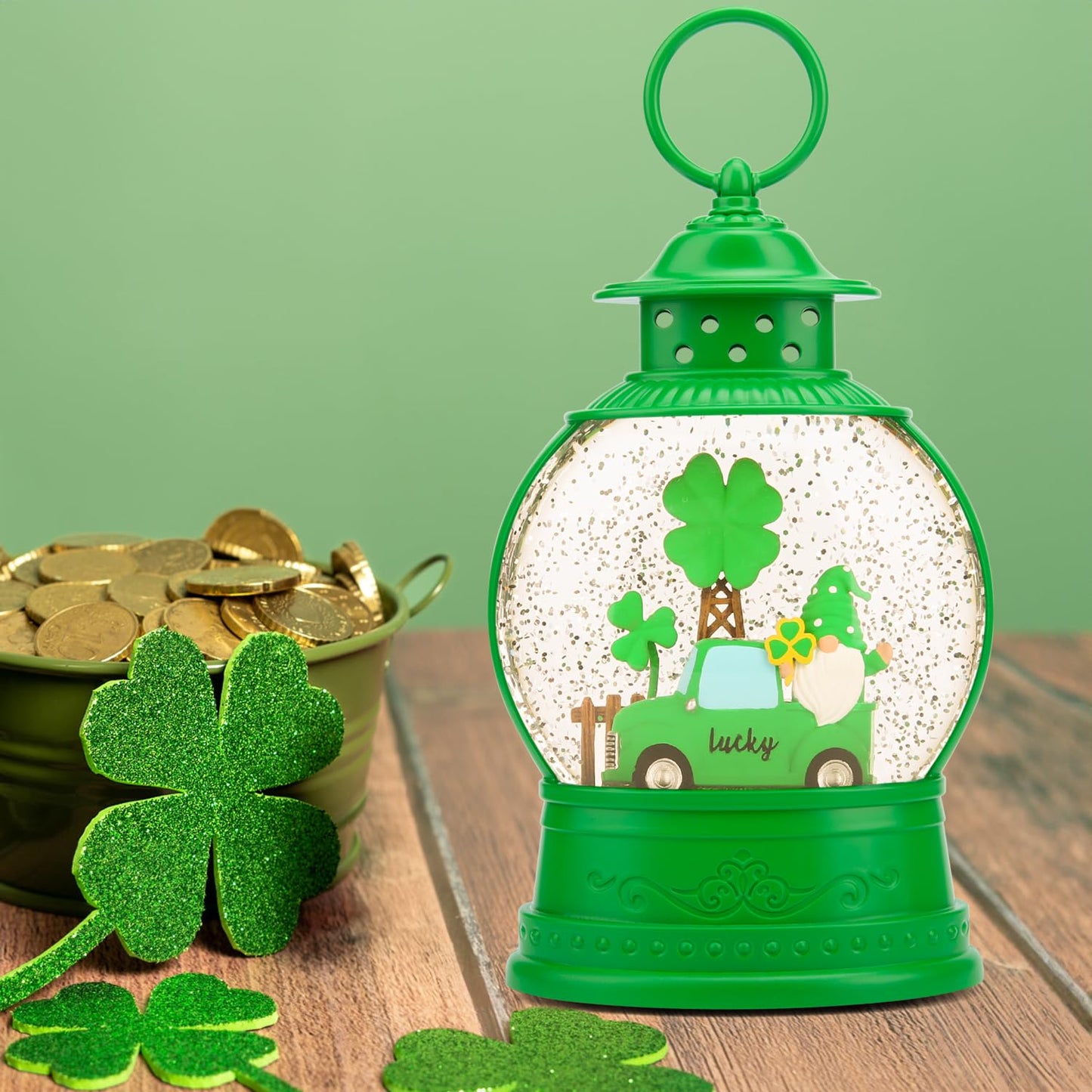 PestiLite St Patricks Day Lucky Shamrock Gnomes Truck Snow Globe for St Patricks Day Decorations,6H Timer, USB/Battery Operated,St Patricks Day Decor for Home Indoor/Outdoor and Home Party Supplies