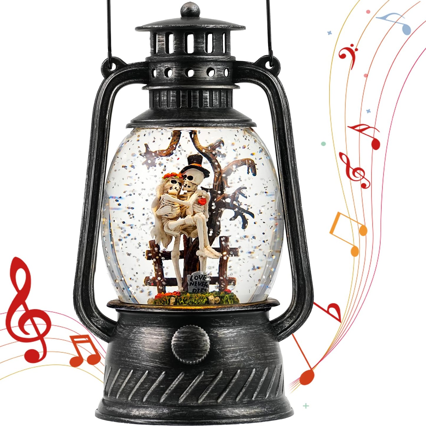 Halloween Snow Globe, Halloween Decorations Indoor Light Up Snow Globe Lantern with Music, 6H Timer, Love Never Dies Swirling Glitter Halloween Lantern for Halloween Home Decorations
