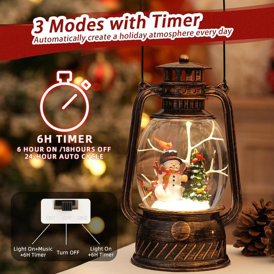 Snow Globe Christmas Decorations Indoor, Snowman Light Up Musical Christmas Snow Globes Lantern with Glitter & 6H Timer, Snowman Snow Globe Decorations for Home