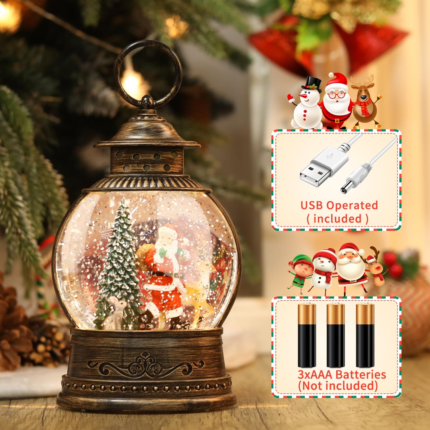 Christmas Snow Globes Christmas Decorations, Lighted Musical Snow Globes Lantern, Santa Christmas Decoration Indoor Home Décor & Gift, 6H Timer, USB/Battery Operated,