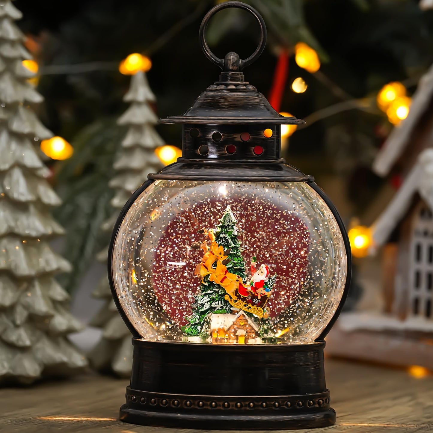 Christmas Snow Globes Christmas Decorations, 12" Lighted Musical Snow Globe Lantern, Santa in Sleigh with Deer Christmas Decoration Indoor & Gifts, 6H Timer, USB/Battery Operated