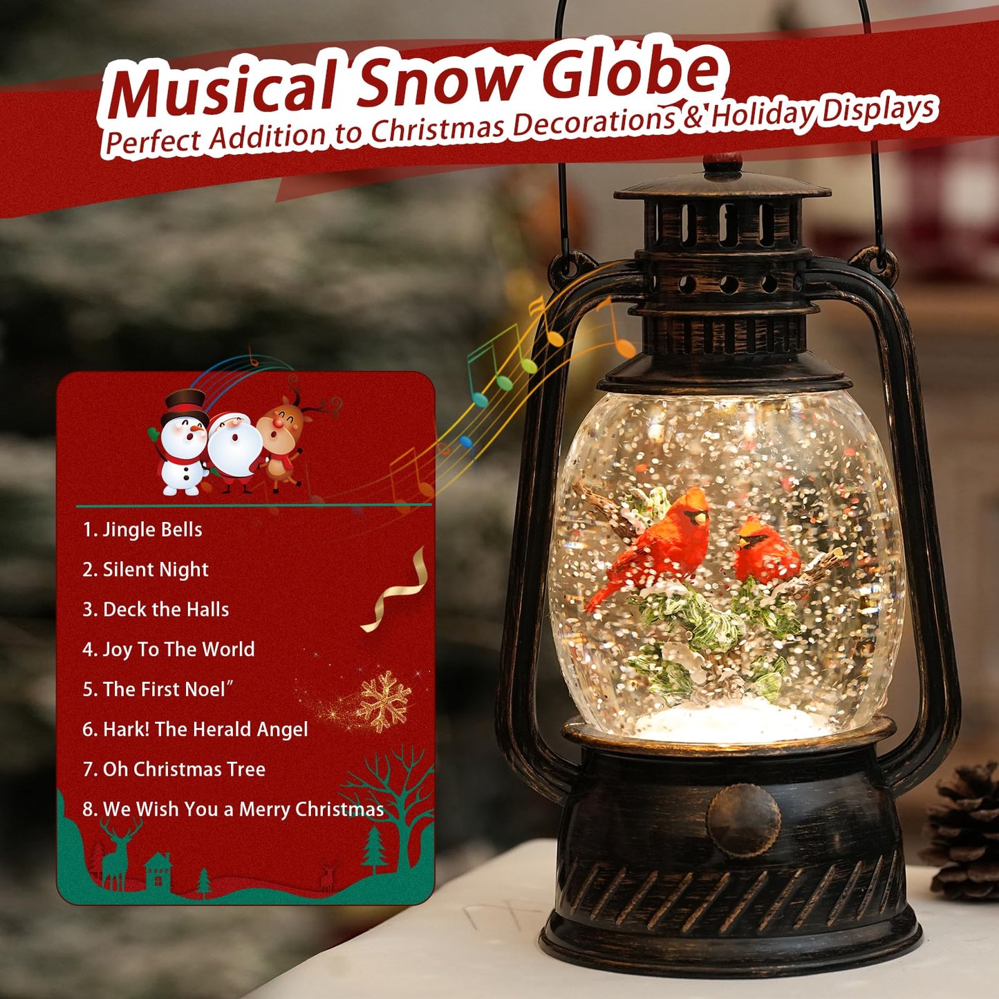 Cardinal Snow Globe Christmas Decorations Indoor, Lighted Musical Christmas Snow Globes Lantern with Glitter & 6H Timer, Cardinal Christmas Decorations for Home