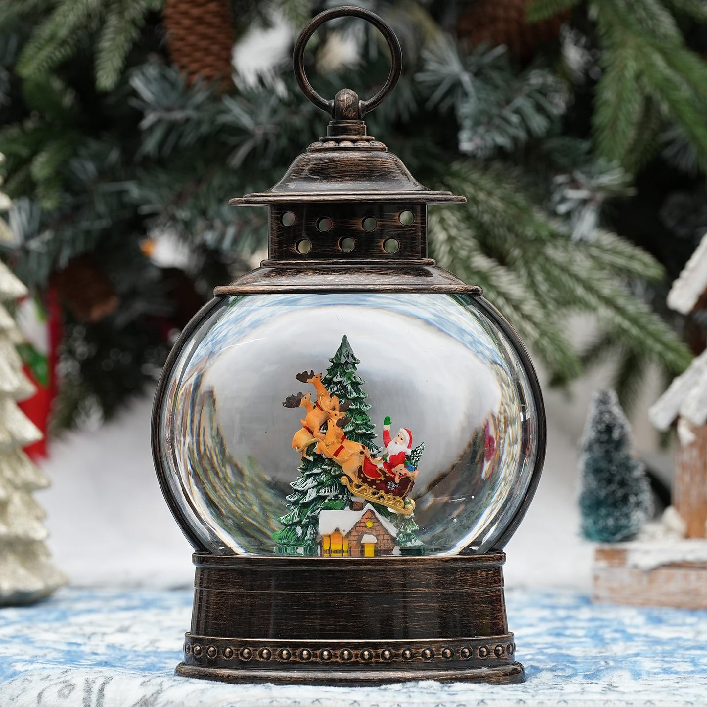 Christmas Snow Globes Christmas Decorations, 12" Lighted Musical Snow Globe Lantern, Santa in Sleigh with Deer Christmas Decoration Indoor & Gifts, 6H Timer, USB/Battery Operated