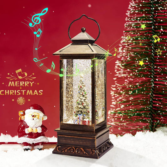 Snow Globe Christmas Lantern Decorations, Musical Snow Globe Lantern with Swirling Glitter, Christmas Tree Lighted Christmas Decorations Indoor for Home