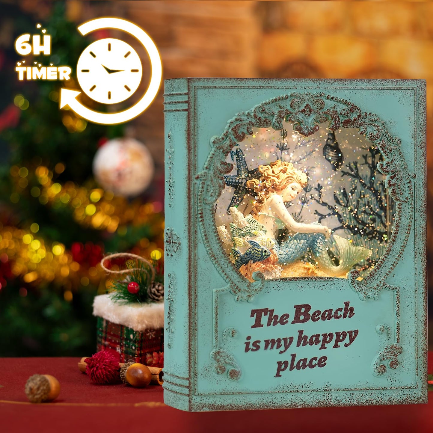 Mermaid Christmas Snow Globe,Christmas Decorations Mermaid Swirling Glitter Book with Warm White LED,3 AA Battery Operated & USB Powered,Christmas Decor for Home