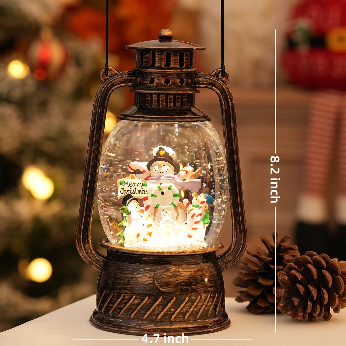Snowman Snow Globe Christmas Decorations, Light Up Musical Christmas Snow Globes Lantern with Glitter & 6H Timer, Joy Snowman Christmas Decorations Gift for Home