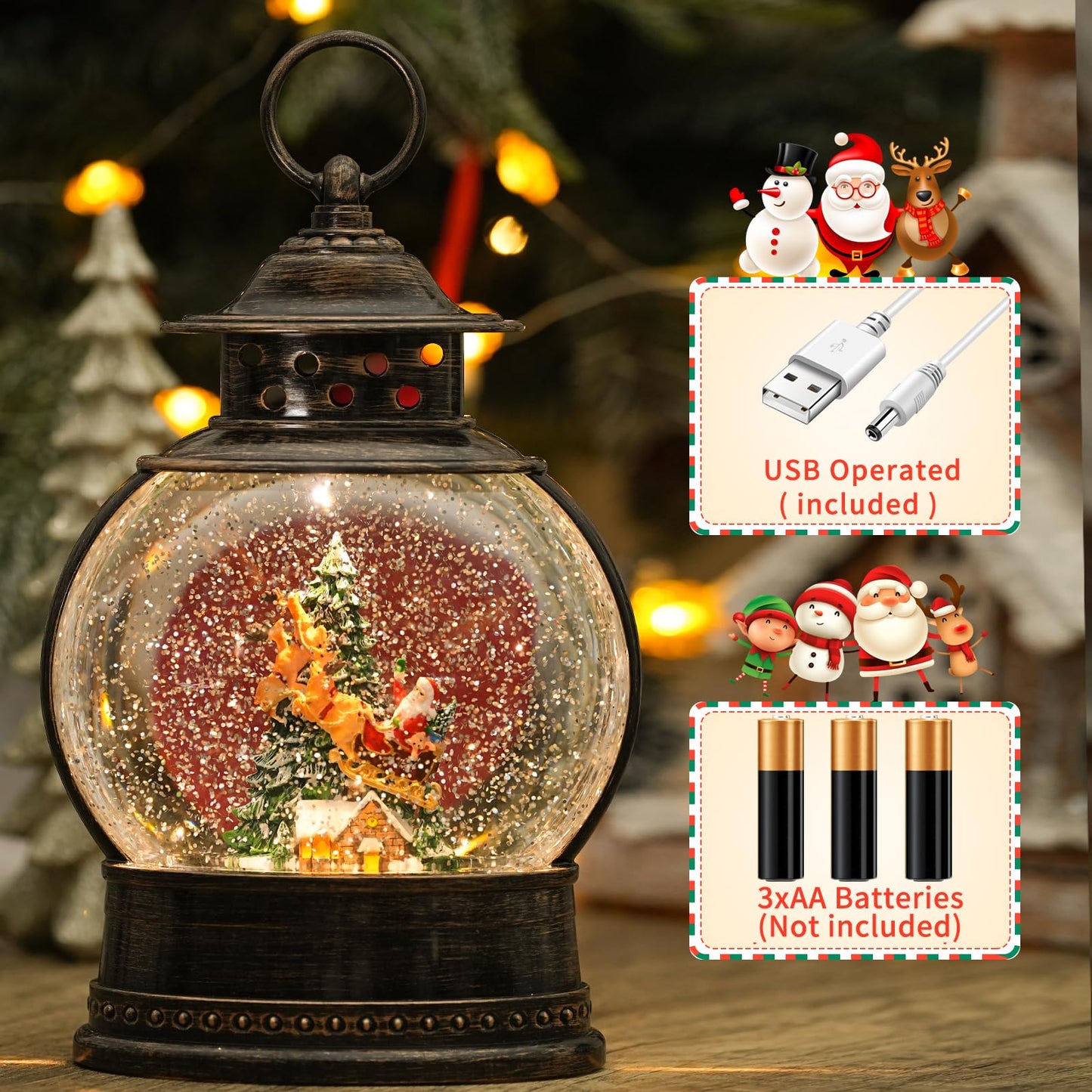 Christmas Snow Globes Christmas Decorations, 12" Lighted Musical Snow Globe Lantern, Santa in Sleigh with Deer Christmas Decoration Indoor & Gifts, 6H Timer, USB/Battery Operated