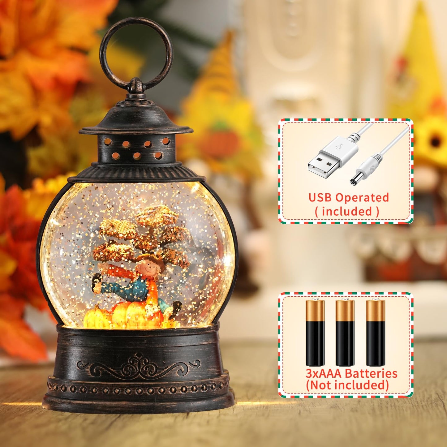 Fall Decorations Snow Globes, Light Up Snow Globe Lantern with Scarecrow Pumpkin, 6H Timer, USB & Battery Operated Fall Decorations for Autumn Thanksgiving Harvest…