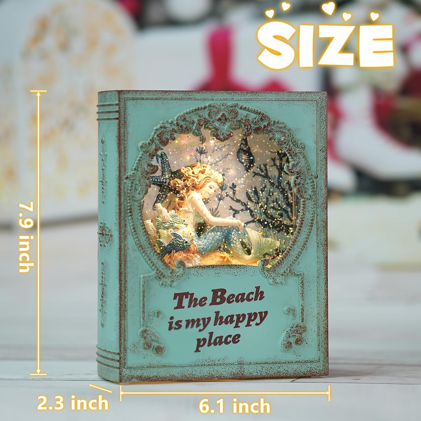 Mermaid Christmas Snow Globe,Christmas Decorations Mermaid Swirling Glitter Book with Warm White LED,3 AA Battery Operated & USB Powered,Christmas Decor for Home