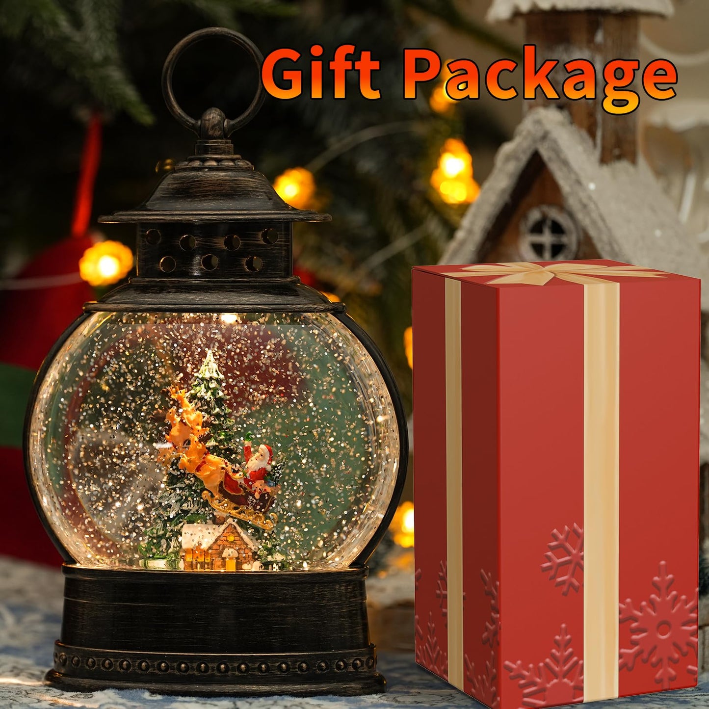 Christmas Snow Globes Christmas Decorations, 12" Lighted Musical Snow Globe Lantern, Santa in Sleigh with Deer Christmas Decoration Indoor & Gifts, 6H Timer, USB/Battery Operated