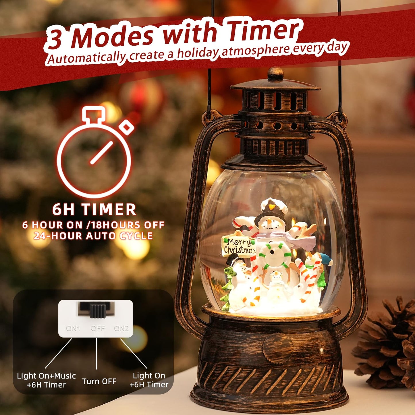 Snowman Snow Globe Christmas Decorations, Light Up Musical Christmas Snow Globes Lantern with Glitter & 6H Timer, Joy Snowman Christmas Decorations Gift for Home