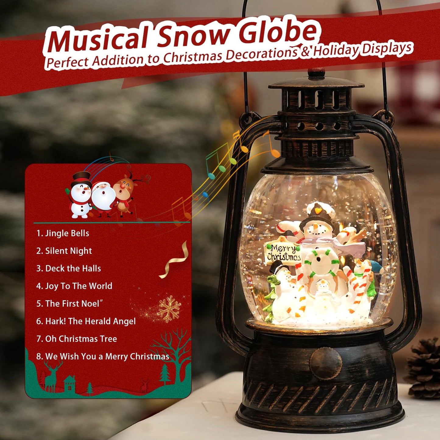 Snowman Snow Globe Christmas Decorations, Light Up Musical Christmas Snow Globes Lantern with Glitter & 6H Timer, Joy Snowman Christmas Decorations Gift for Home