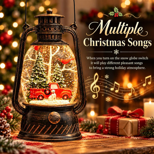 Christmas Snow Globe Lantern, Red Truck Musical Glowing Snow Globes, Indoor Home Christmas Decor, Battery or USB Powered, with 6-Hour Timer, Holiday Decor Gift Christmas Lantern