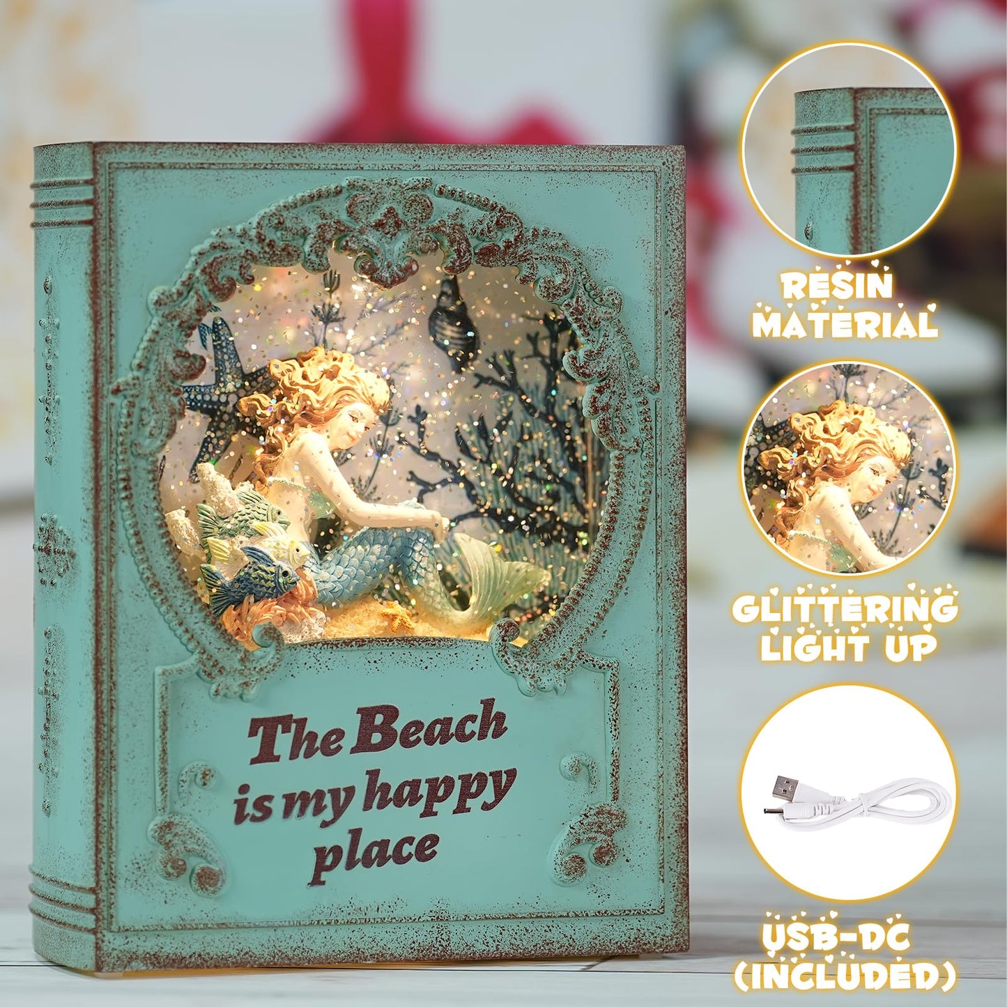 Mermaid Christmas Snow Globe,Christmas Decorations Mermaid Swirling Glitter Book with Warm White LED,3 AA Battery Operated & USB Powered,Christmas Decor for Home