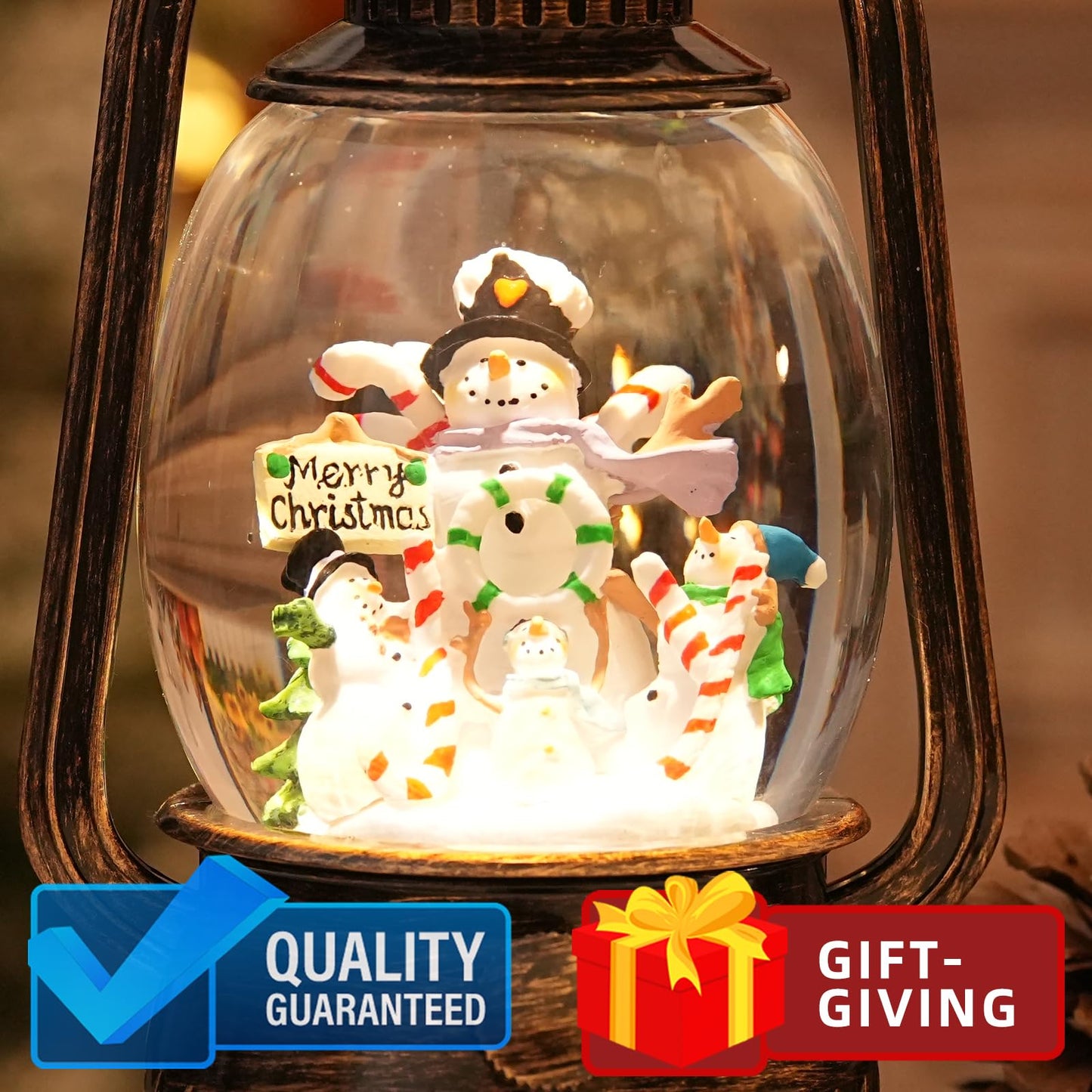 Snowman Snow Globe Christmas Decorations, Light Up Musical Christmas Snow Globes Lantern with Glitter & 6H Timer, Joy Snowman Christmas Decorations Gift for Home