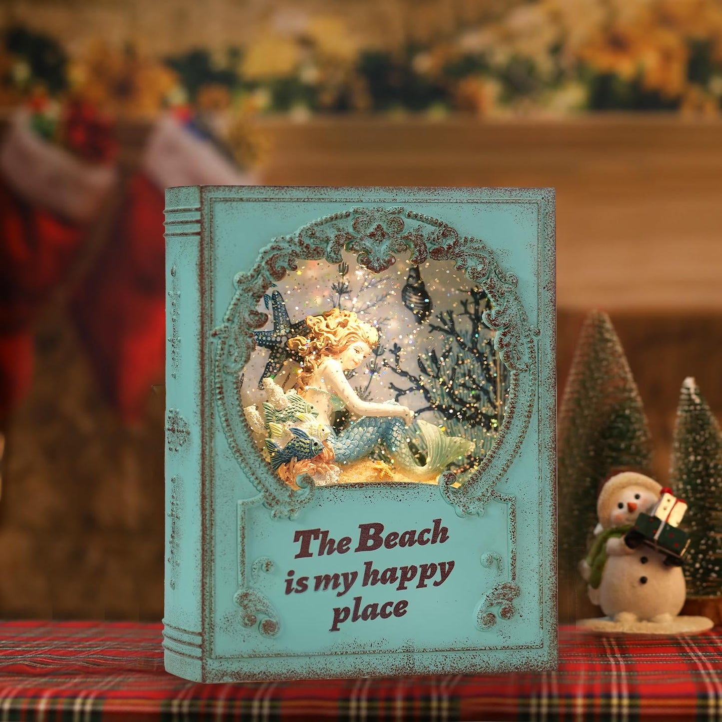 Mermaid Christmas Snow Globe,Christmas Decorations Mermaid Swirling Glitter Book with Warm White LED,3 AA Battery Operated & USB Powered,Christmas Decor for Home