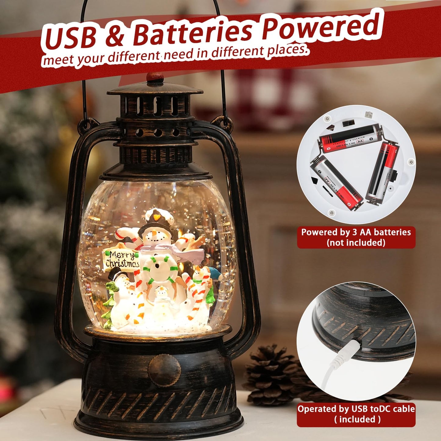 Snowman Snow Globe Christmas Decorations, Light Up Musical Christmas Snow Globes Lantern with Glitter & 6H Timer, Joy Snowman Christmas Decorations Gift for Home