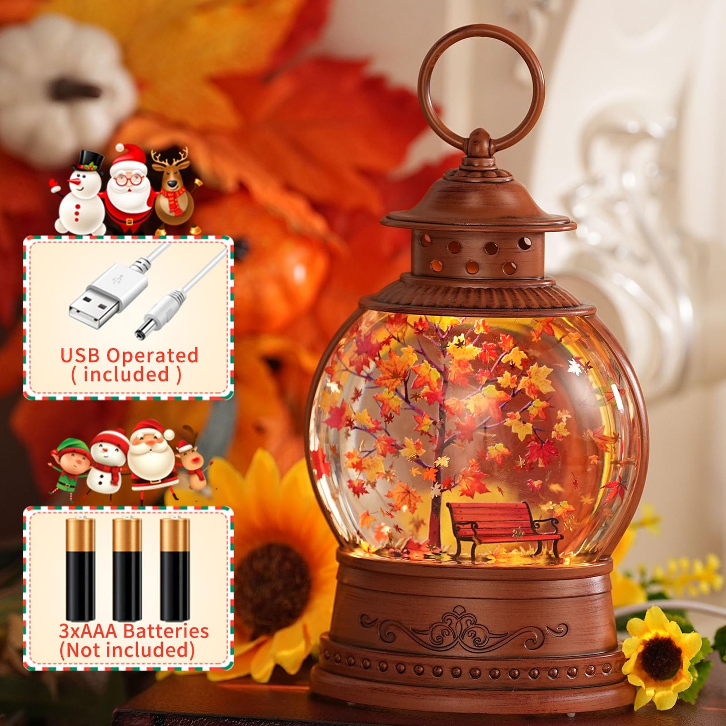 Fall Snow Globe Lantern Fall Decorations for Home Maple Leaf Scene Swirling Glitter/6H Timer Lighted Thanksgiving Autumn Decor