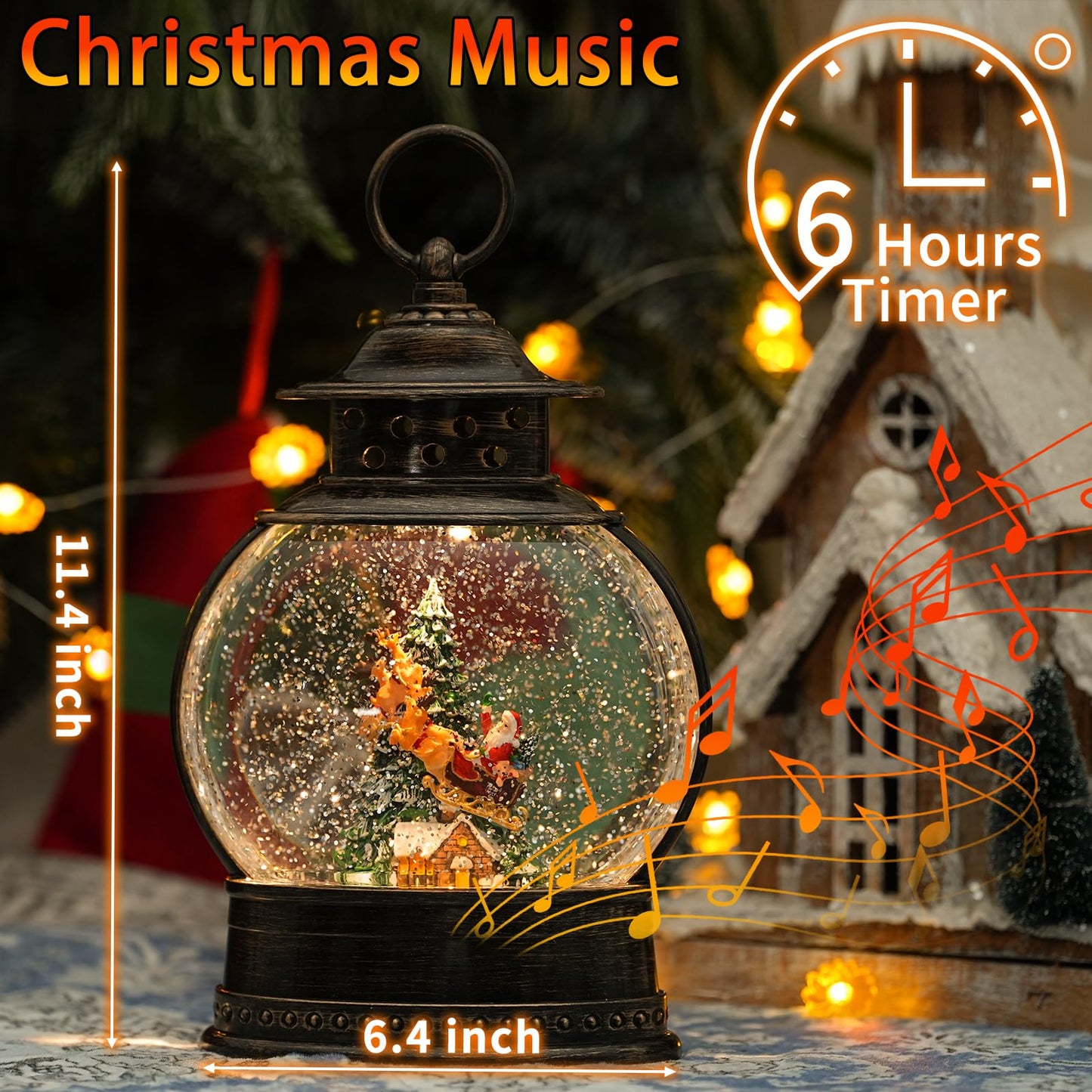 Christmas Snow Globes Christmas Decorations, 12" Lighted Musical Snow Globe Lantern, Santa in Sleigh with Deer Christmas Decoration Indoor & Gifts, 6H Timer, USB/Battery Operated