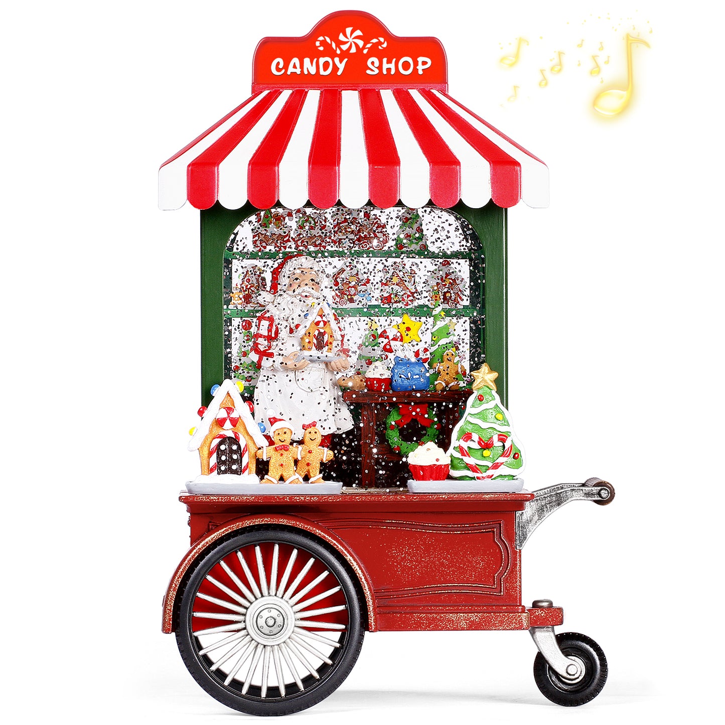 Lighted Musical Christmas Decorations Snow Globe, Santa Claus in Candy Shop Cart, Christmas Snow Globe with Swirling Glitter Water Lantern for Holiday Decor