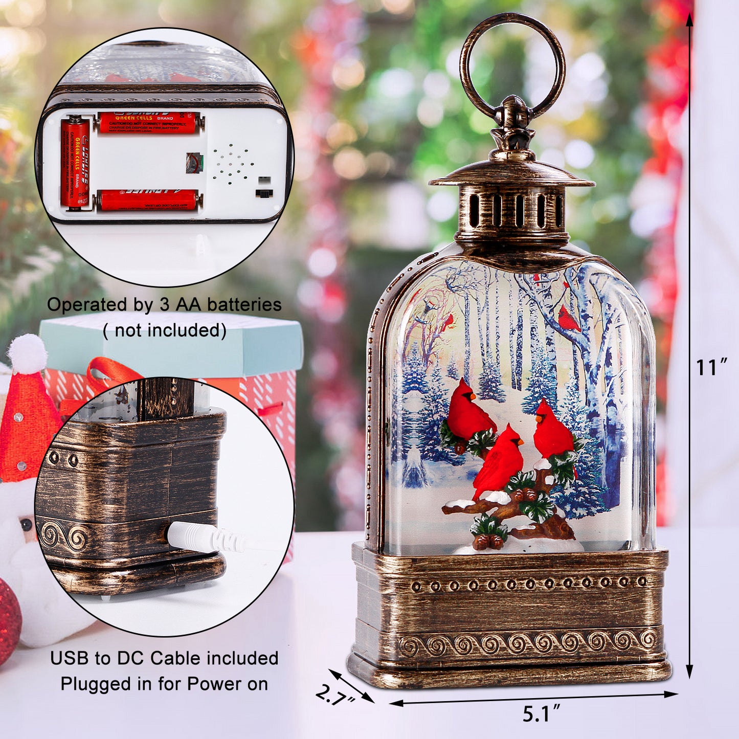 Cardinal Snow Globe,Christmas Festival Snow Globe ,Water Glittering Lantern Swirling,Gifts Festival Ornament Musical red Cardinal/Church,Trees and House, Battery or USB Powered