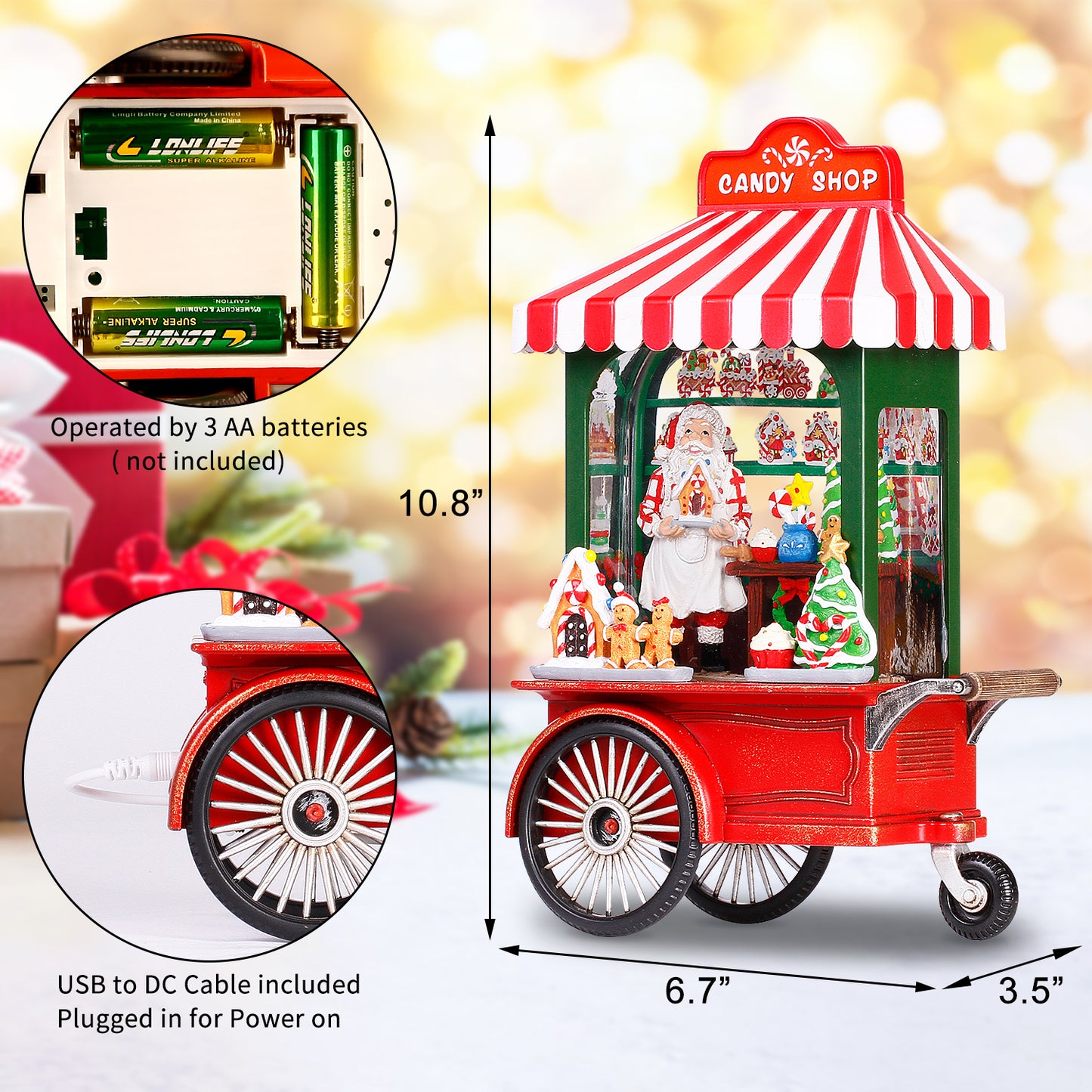Lighted Musical Christmas Decorations Snow Globe, Santa Claus in Candy Shop Cart, Christmas Snow Globe with Swirling Glitter Water Lantern for Holiday Decor