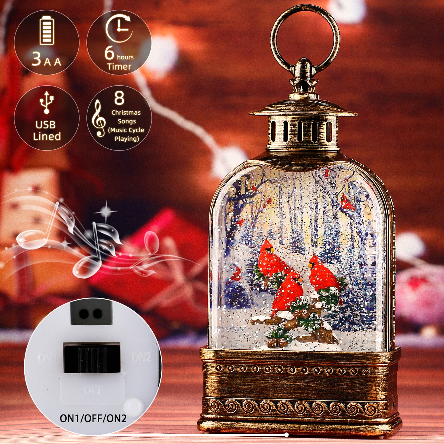 Cardinal Snow Globe,Christmas Festival Snow Globe ,Water Glittering Lantern Swirling,Gifts Festival Ornament Musical red Cardinal/Church,Trees and House, Battery or USB Powered