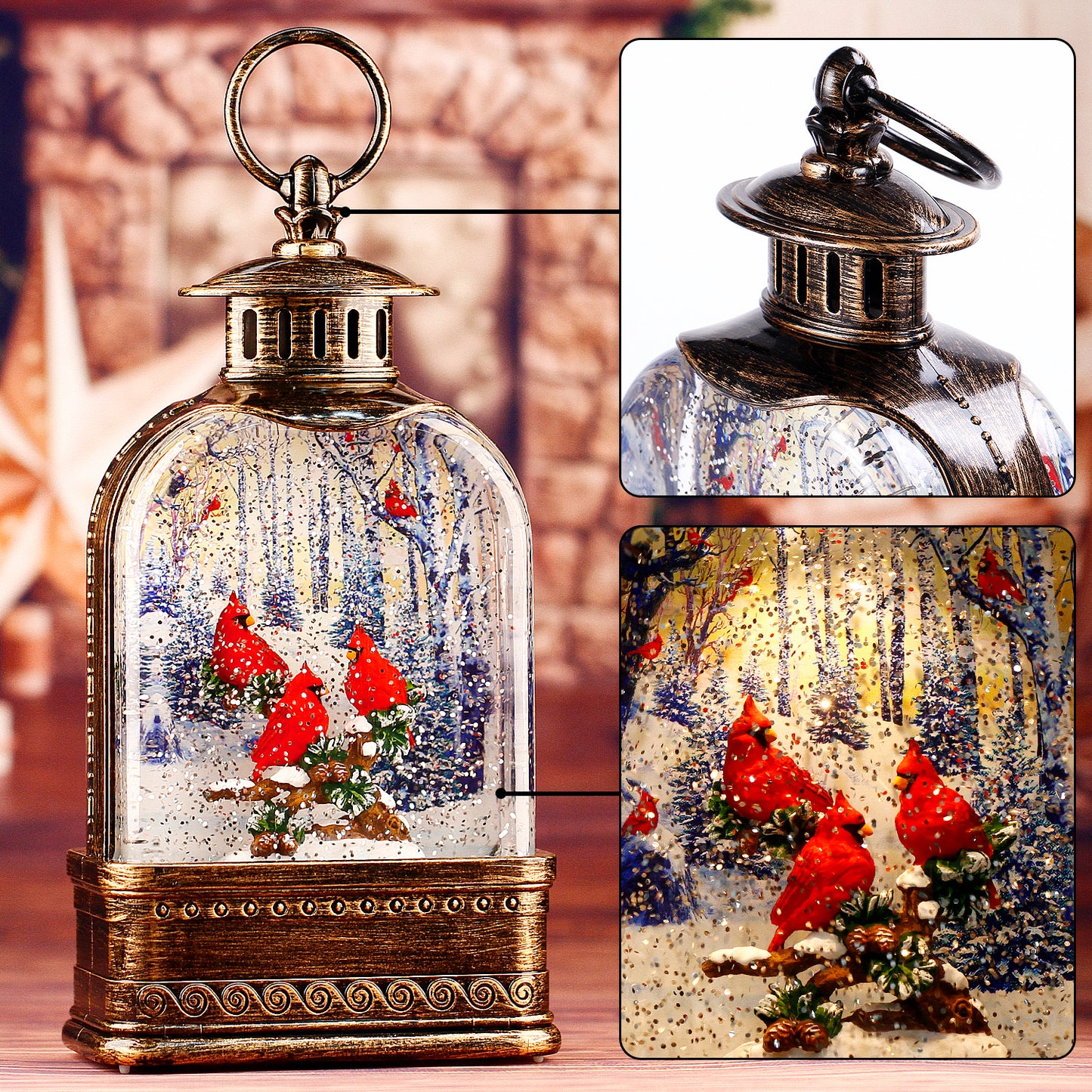 Cardinal Snow Globe,Christmas Festival Snow Globe ,Water Glittering Lantern Swirling,Gifts Festival Ornament Musical red Cardinal/Church,Trees and House, Battery or USB Powered