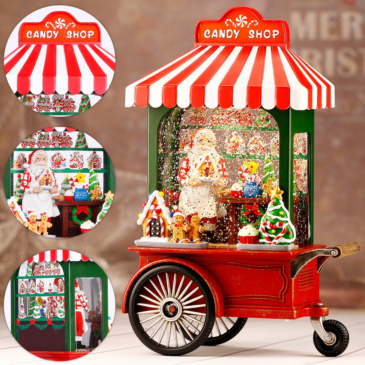 Lighted Musical Christmas Decorations Snow Globe, Santa Claus in Candy Shop Cart, Christmas Snow Globe with Swirling Glitter Water Lantern for Holiday Decor