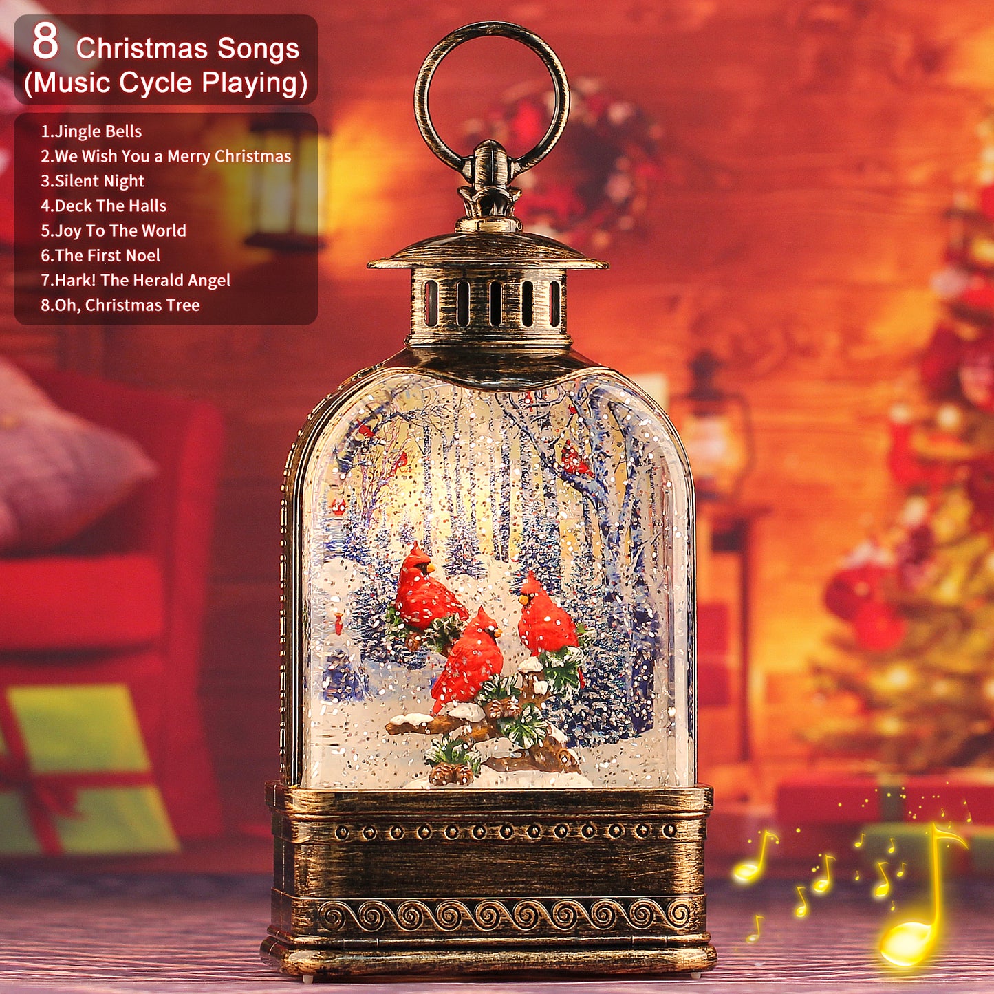 Cardinal Snow Globe,Christmas Festival Snow Globe ,Water Glittering Lantern Swirling,Gifts Festival Ornament Musical red Cardinal/Church,Trees and House, Battery or USB Powered