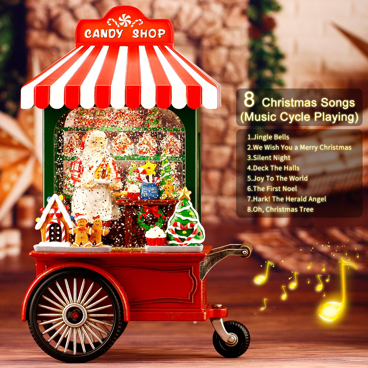 Lighted Musical Christmas Decorations Snow Globe, Santa Claus in Candy Shop Cart, Christmas Snow Globe with Swirling Glitter Water Lantern for Holiday Decor