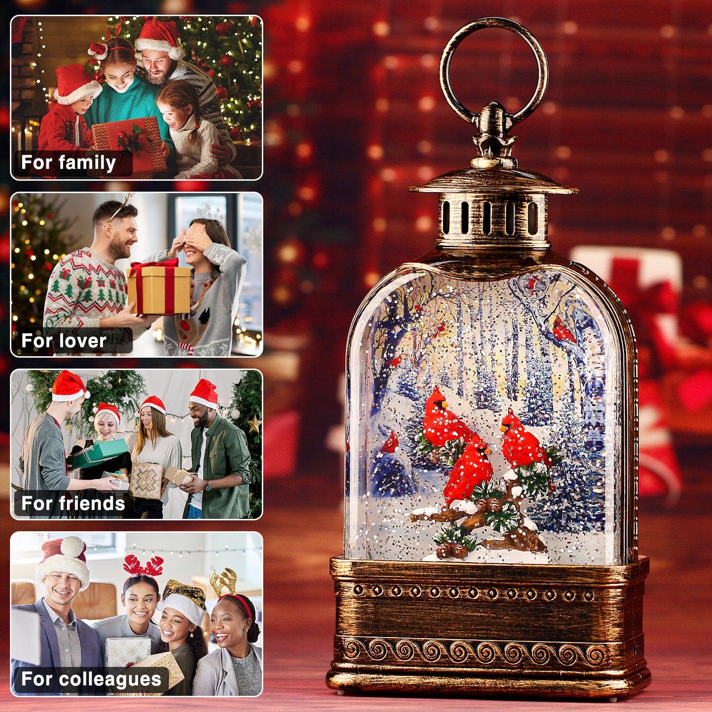 Cardinal Snow Globe,Christmas Festival Snow Globe ,Water Glittering Lantern Swirling,Gifts Festival Ornament Musical red Cardinal/Church,Trees and House, Battery or USB Powered