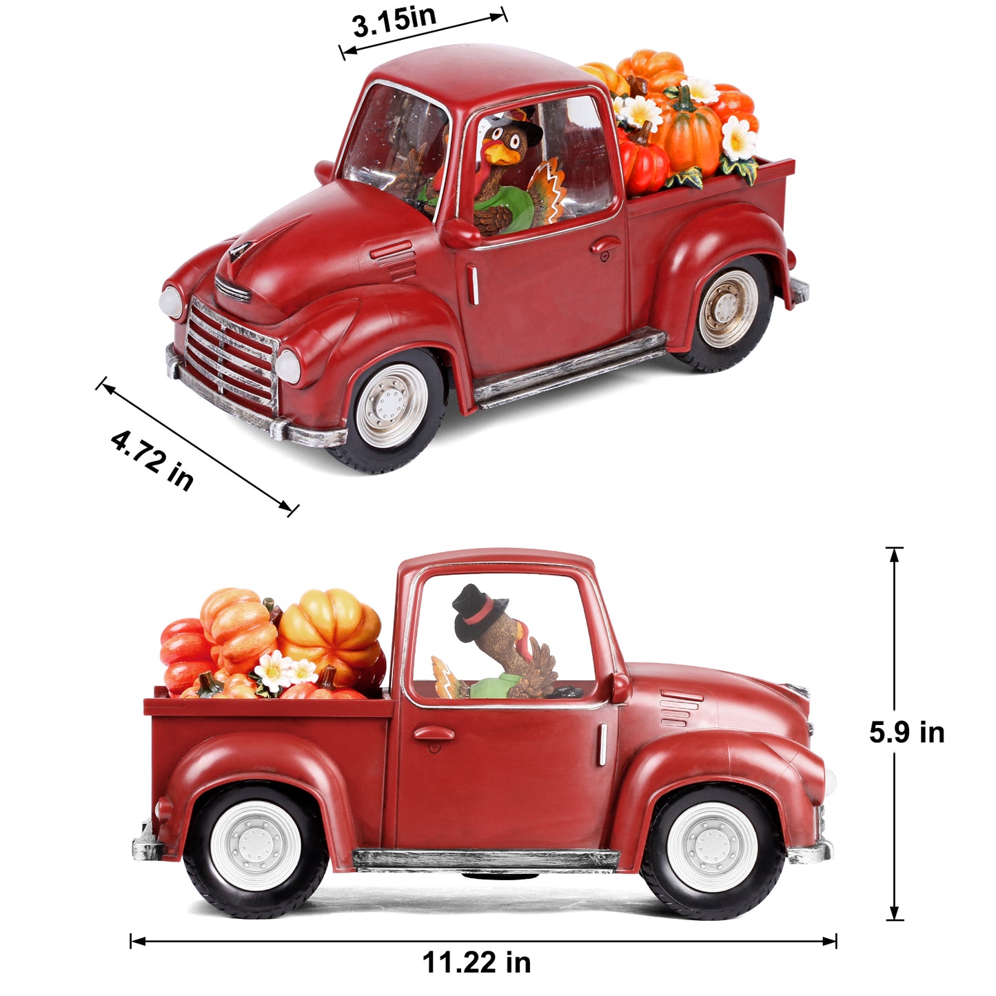 Lighted Christmas Water Lantern, Turkey in Vintage Red Truck with Pumpkins for Gifts and Holiday Decor, Snow Globe with Swirling Glitter