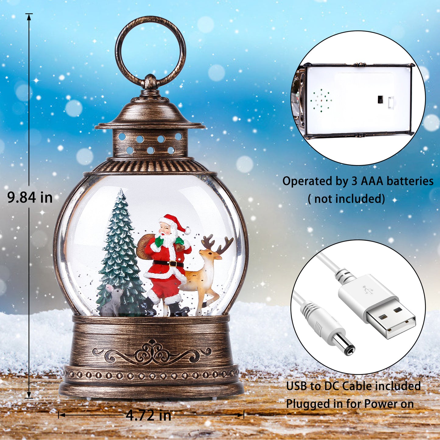 Christmas Decorations Musical Snow Globe Lantern, Water Glittering Lighted Plug-in , 3 AAA Battery Operated & USB Powered, Santa Claus, Christmas Tree and Elk…
