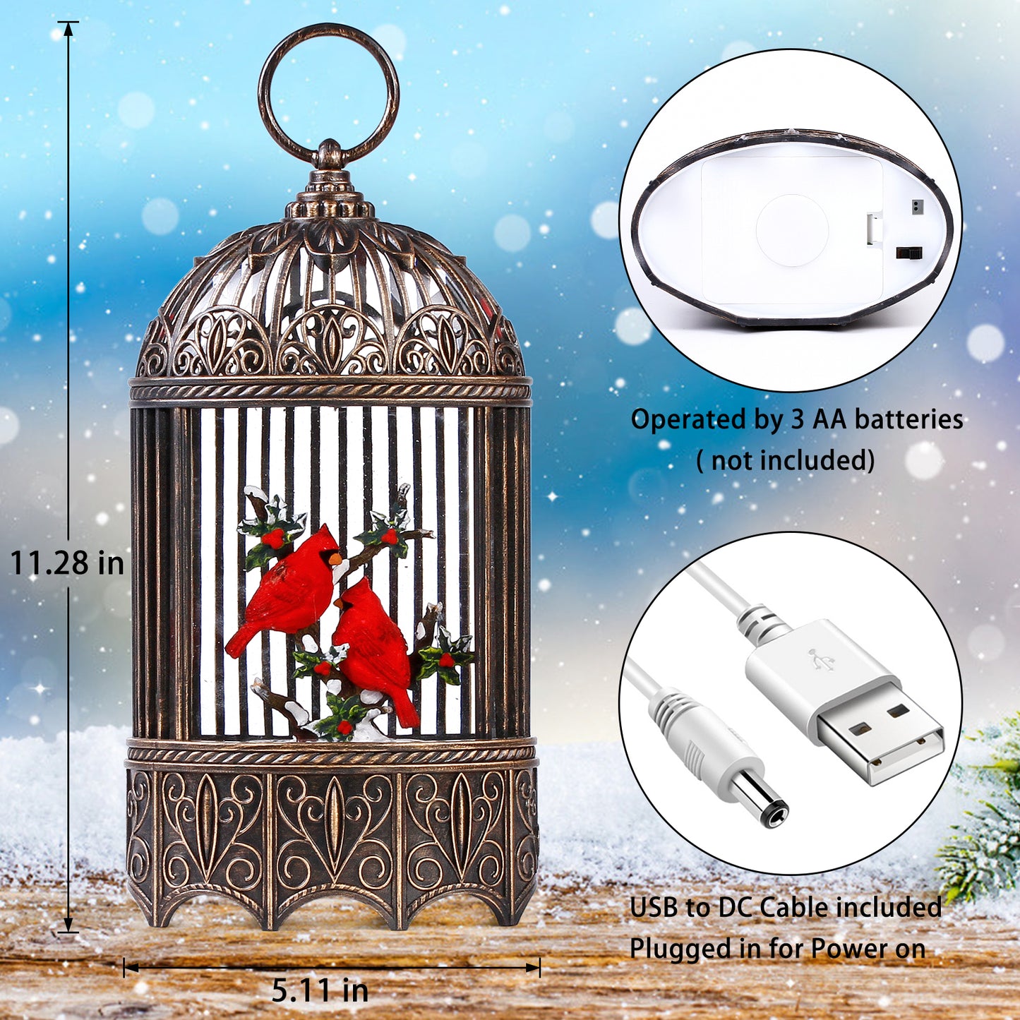 Cardinal Birdcage Christmas Musical Snow Globe with Swirling Glitter Battery Operated & 6 H Timer,Christmas Decor(Warm White)