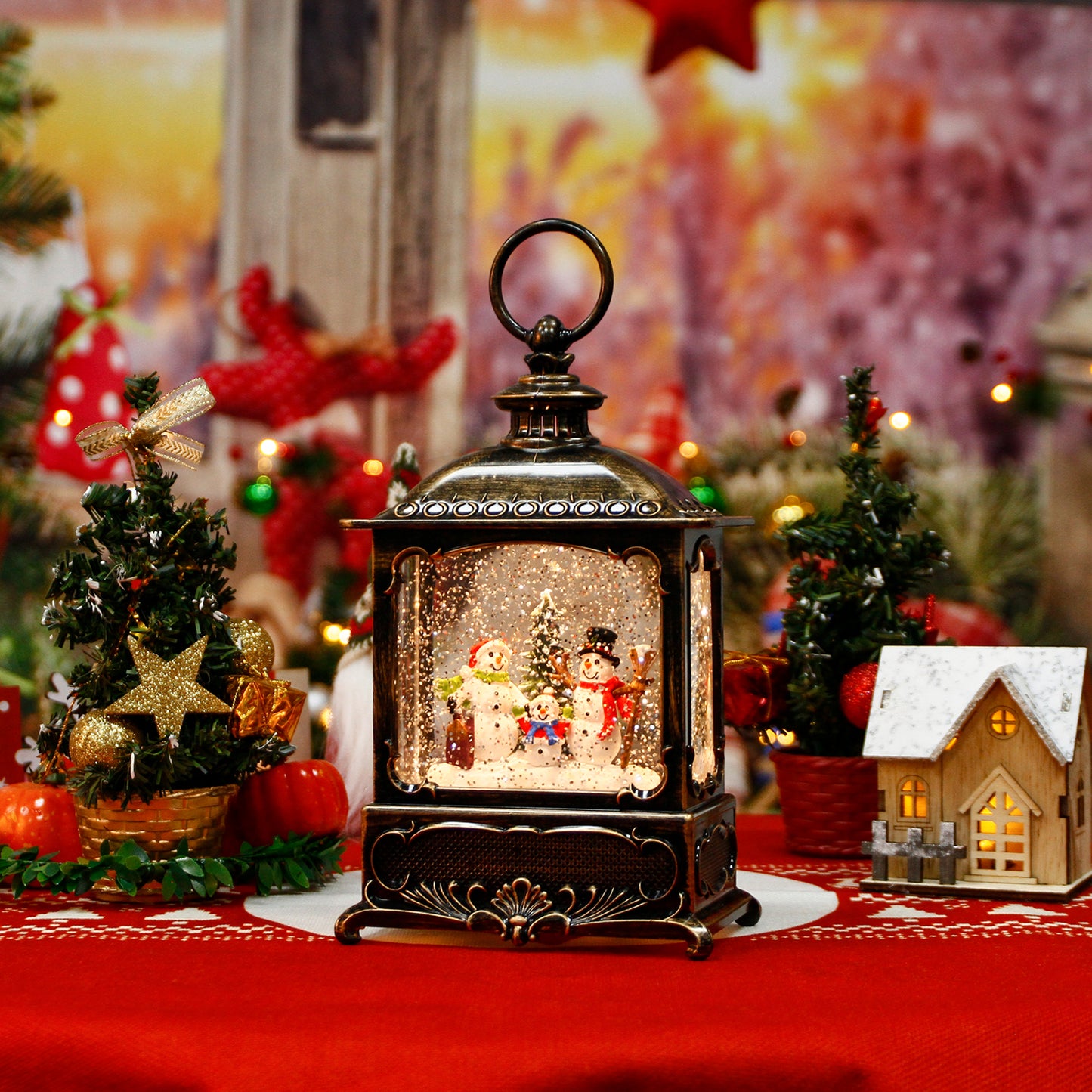 Christmas Church Decorations Musical Snow Globe Lantern, Lighted Snow Globe with Swirling Glitter , 3 AA Battery Operated & USB Powered, Snowman Family Interior…