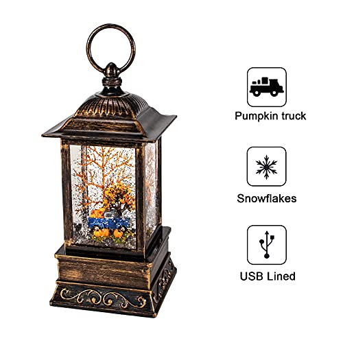 Fall Home Decor Snow Globe Lantern Thanksgiving Ornament Farm Blue Truck with Pumkin for Kids Thanksgiving Harvest Halloween Decoration Celebrate LED Lights