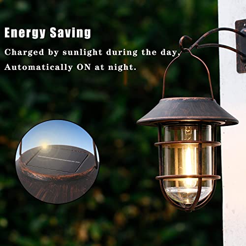Solar Lantern Outdoor Wall Lights, Dusk to Dawn Waterproof Solar Lights Outdoor, Anti-Rust Metal Hanging Wall Lantern Sconces with Hooks, No Wiring Required,Bronze