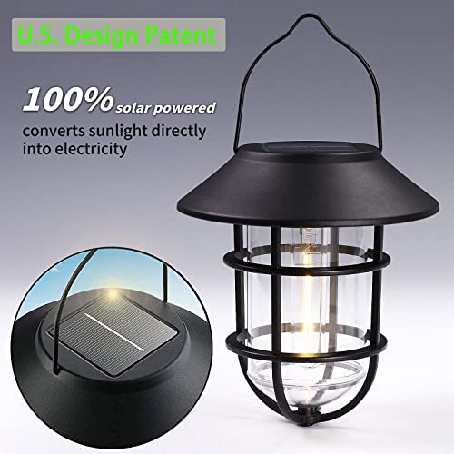 Solar Lantern Outdoor Wall Lights, Dusk to Dawn Waterproof Solar Lights Outdoor, Anti-Rust Metal Hanging Wall Lantern Sconces with Hooks, No Wiring Required, 2 Pack