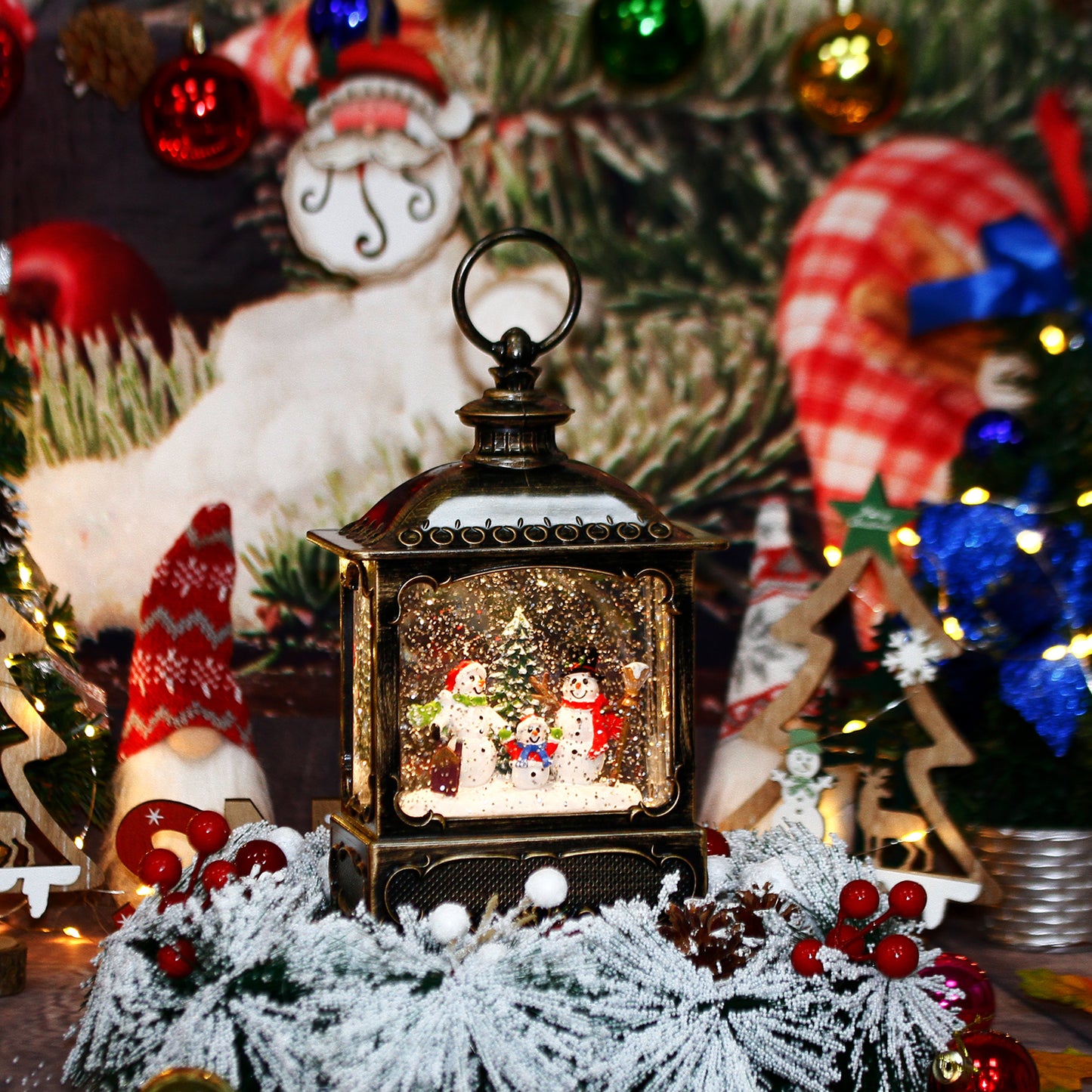 Christmas Church Decorations Musical Snow Globe Lantern, Lighted Snow Globe with Swirling Glitter , 3 AA Battery Operated & USB Powered, Snowman Family Interior…