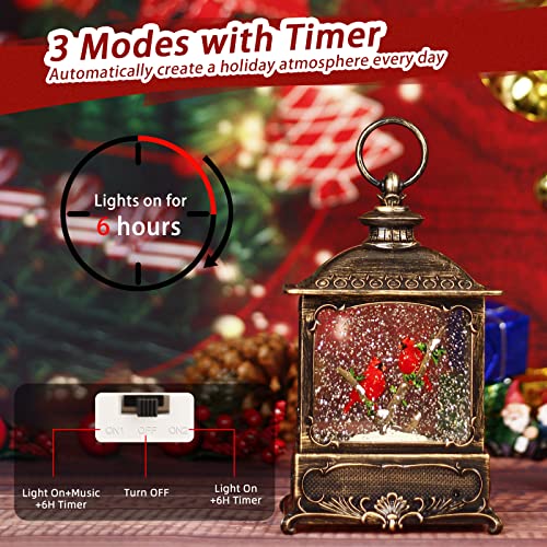Cardinal Christmas Decorations Musical Snow Globe Lantern, Lighted Snow Globe with Swirling Glitter , 3 AA Battery Operated & USB Powered, Cardinal