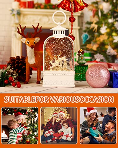 Snow Globe, Christmas Snow Globe, White Musical Sparkly Swirling Snow Globe Lantern, Christma Ornament Moose Deer Gift, Battery or USB Powered (9.9Inch)