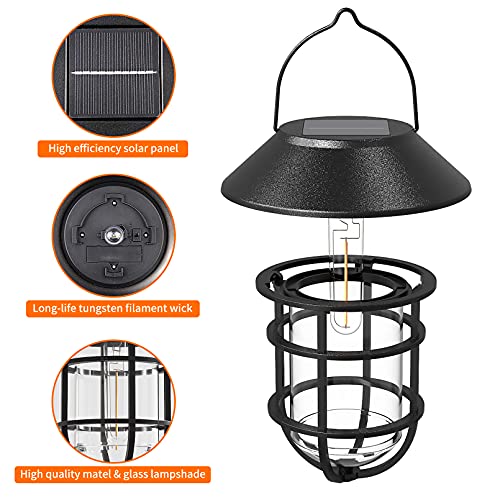 Solar Lantern Outdoor Wall Lights, Dusk to Dawn Waterproof Solar Lights Outdoor, Anti-Rust Metal Hanging Wall Lantern Sconces with Hooks, No Wiring Required, 2 Pack