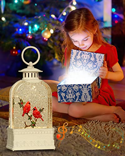 Cardinal Snow Globe, Christmas Snow Globe White, Musical Sparkly Swirling Snow Globe Lantern, Red Cardinal Ornament, Battery or USB Powered Decoration (9.9Inch)
