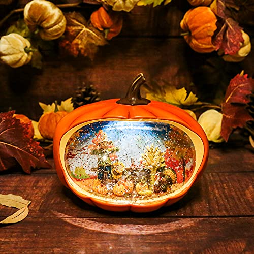 Pumpkin Snow Globe, Fall Lighted Water Lantern with Glitter Scarecrow Turkey Pumpkin Lantern for Thanksgiving Decor Fall Harvest Halloween Table Decorations