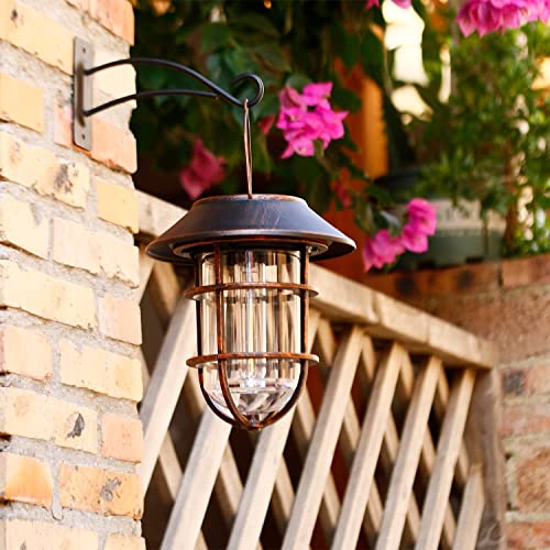 Solar Lantern Outdoor Wall Lights, Dusk to Dawn Waterproof Solar Lights Outdoor, Anti-Rust Metal Hanging Wall Lantern Sconces with Hooks, No Wiring Required,Bronze