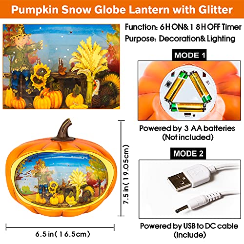 Pumpkin Snow Globe, Fall Lighted Water Lantern with Glitter Scarecrow Turkey Pumpkin Lantern for Thanksgiving Decor Fall Harvest Halloween Table Decorations
